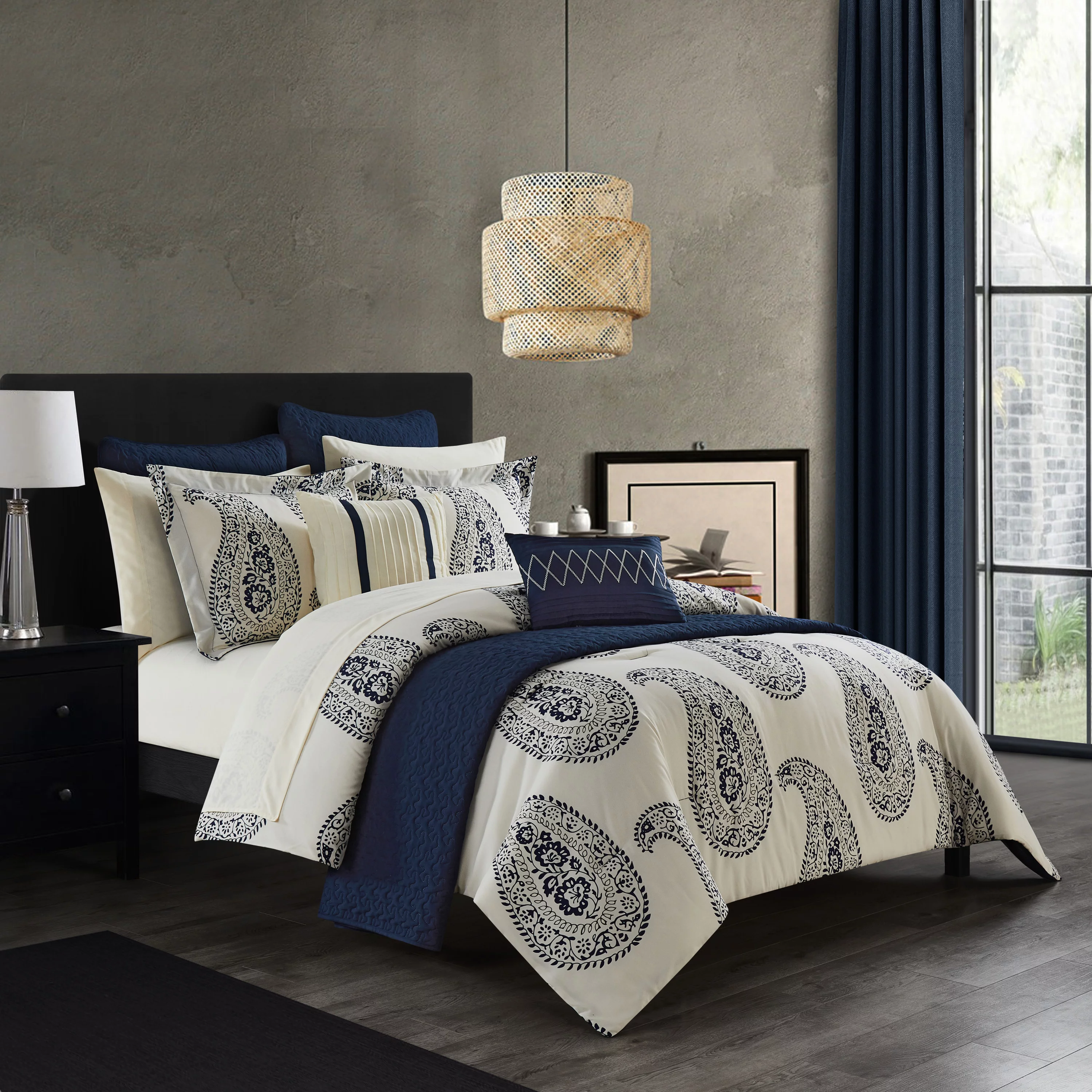 Chic Home Mckenna 12-Piece Reversible Paisley Comforter Set, Queen, Navy