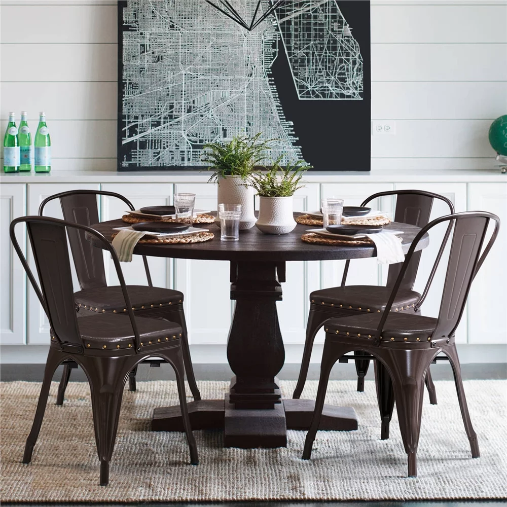 SMILE MART Industrial Metal Studded Dining Chair with Cushion, Set of 4, Brown