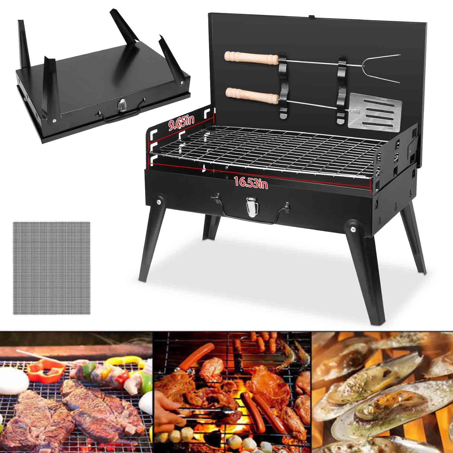 iMounTEK Portable Charcoal Grill Foldable BBQ Suitcase Grill Shelf with BBQ Grill Mat Non-Stick Mesh Mat