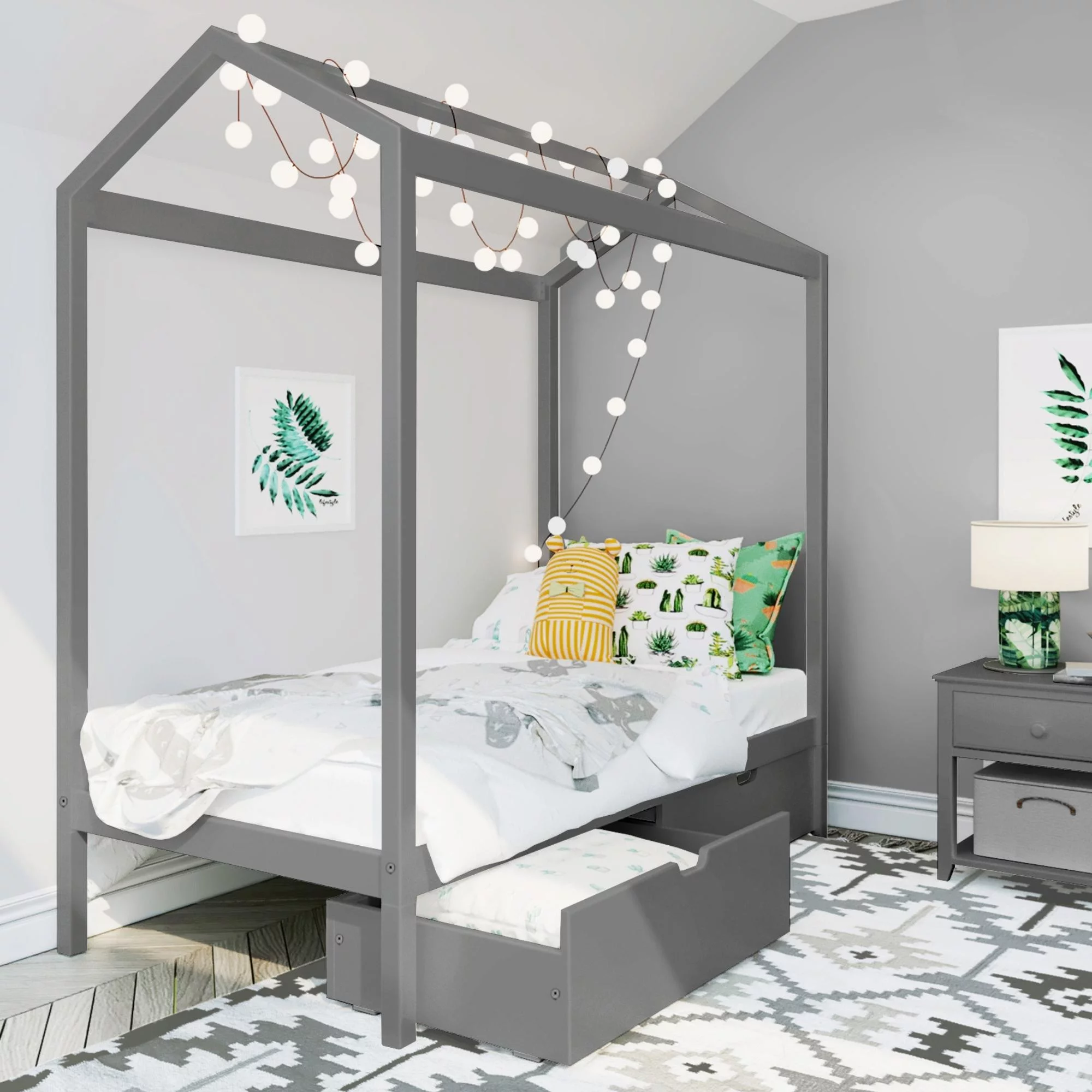 Max & Lily Twin Size Wooden House Bed Frame with Storage Drawers and Roof for Kids Bedroom, Grey