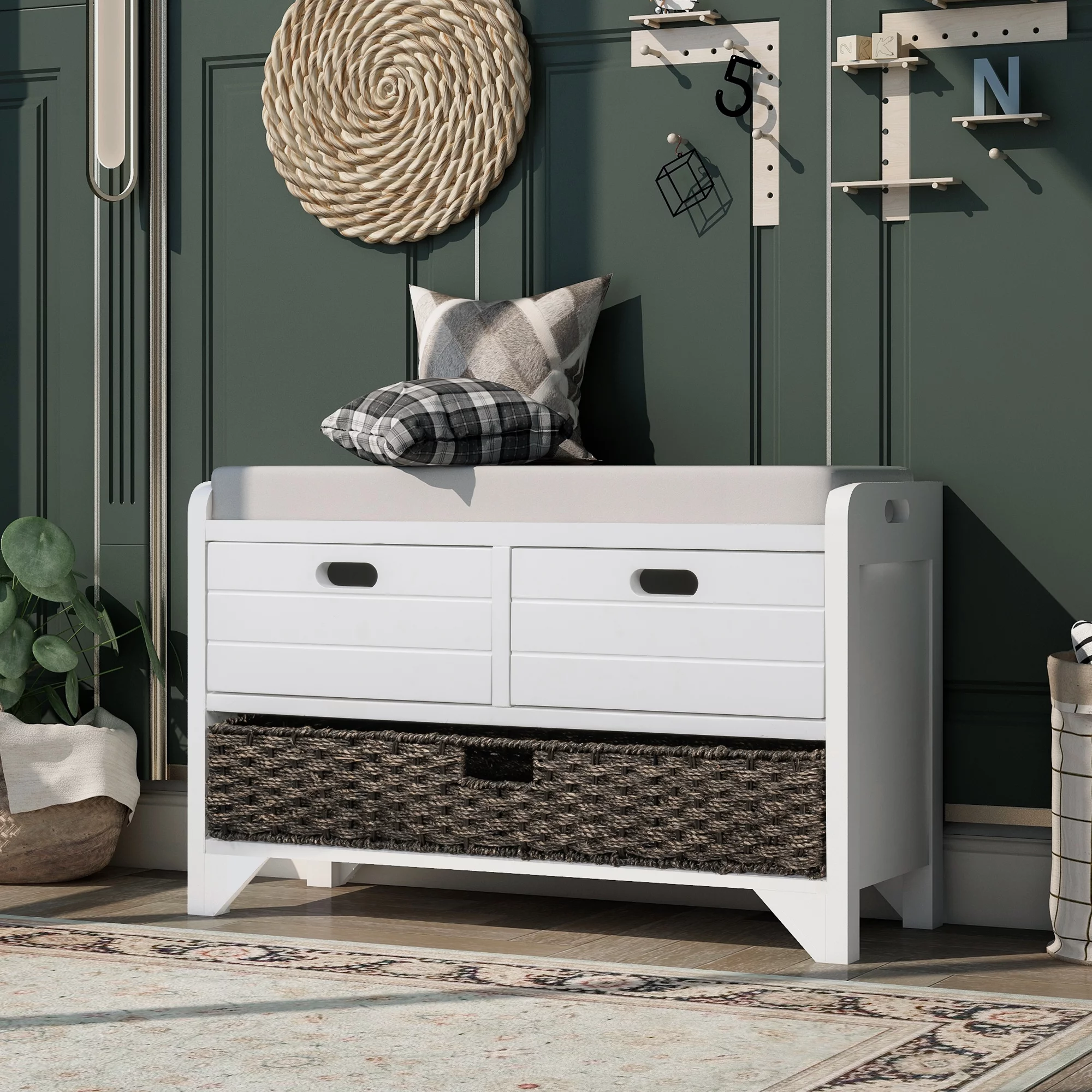 Nestfair White Storage Bench Entryway Bench with Removable Basket and 2 Drawers