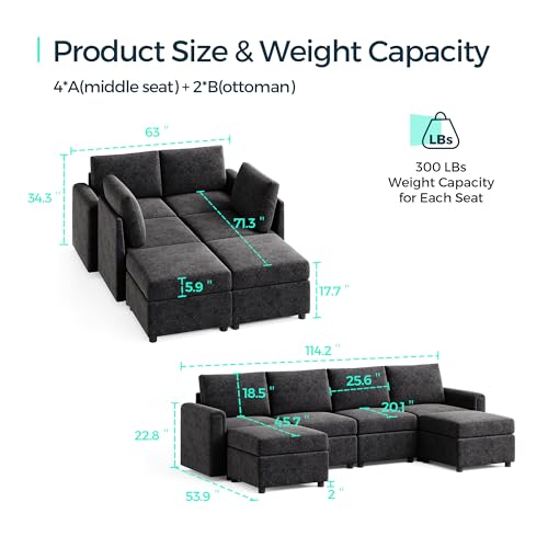 LINSY HOME Modular Sectional Sofa, Convertible U Shaped Sofa Couch with Storage, Memory Foam, Modular Sectionals with Ottomans, 6 Seat Sofa Couch with Chaise for Living Room, Blue
