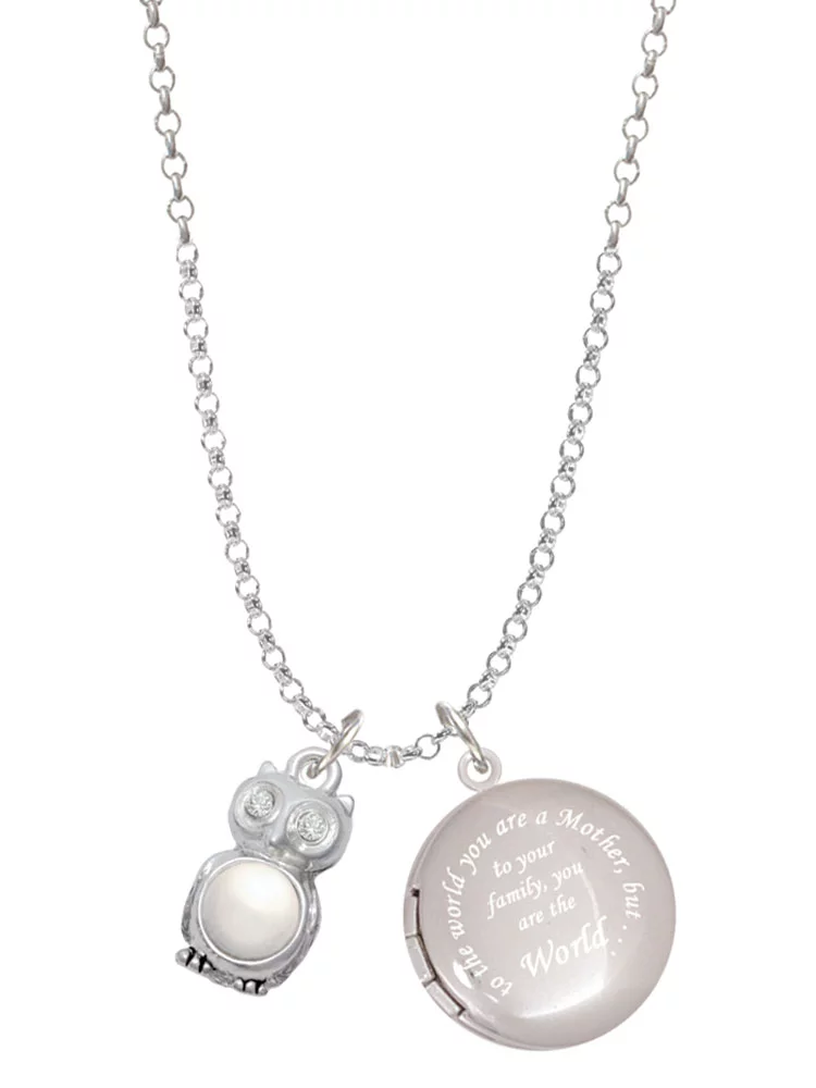 Delight Jewelry Silvertone 3-D Imitation Pearl & Clear Crystal Owl To the World You are a Mother Locket Necklace