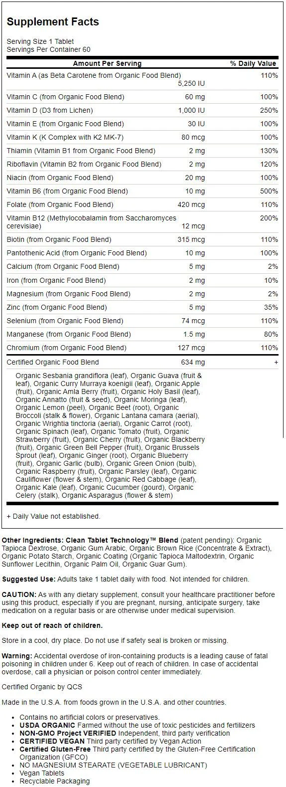 Garden of Life Mykind Organics Women's Once Daily Multivitamin Vegan Tablets, 60 Ct