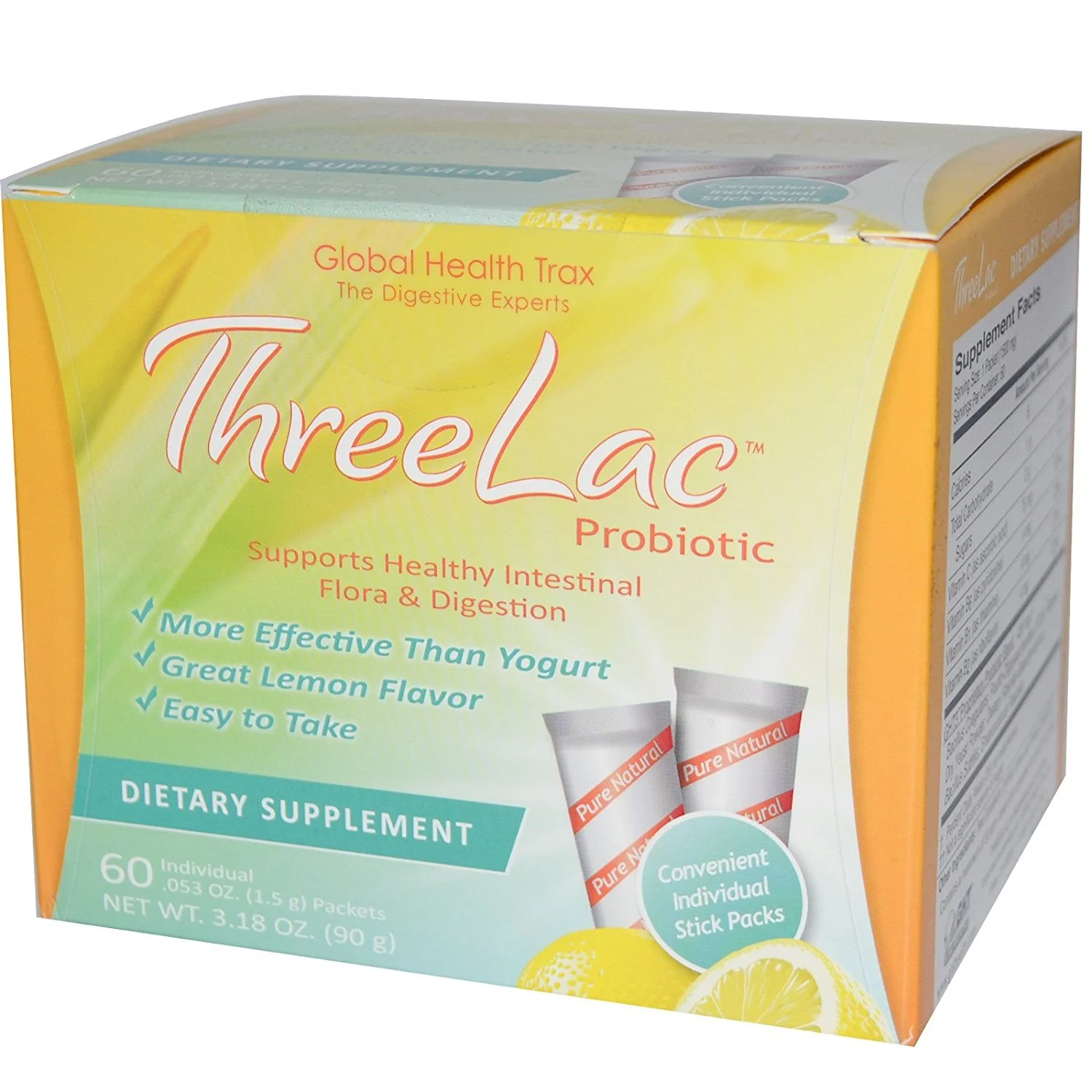 Threelac Probiotic Dietary Supplement, Natural Lemon Flavor, Includes (60) .053oz Packets