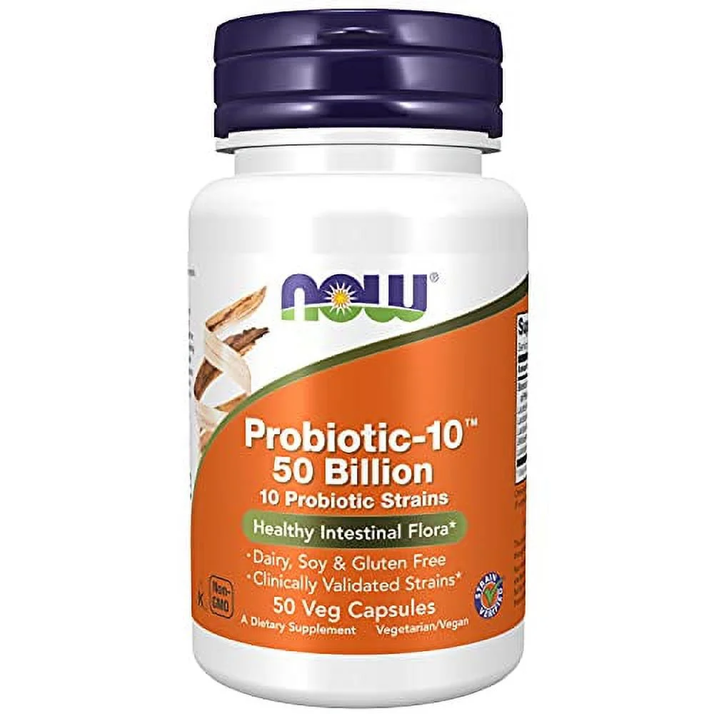 NOW Supplements, Probiotic-10, 50 Billion, with 10 Probiotic Strains, Strain Verified, 50 Veg Capsules