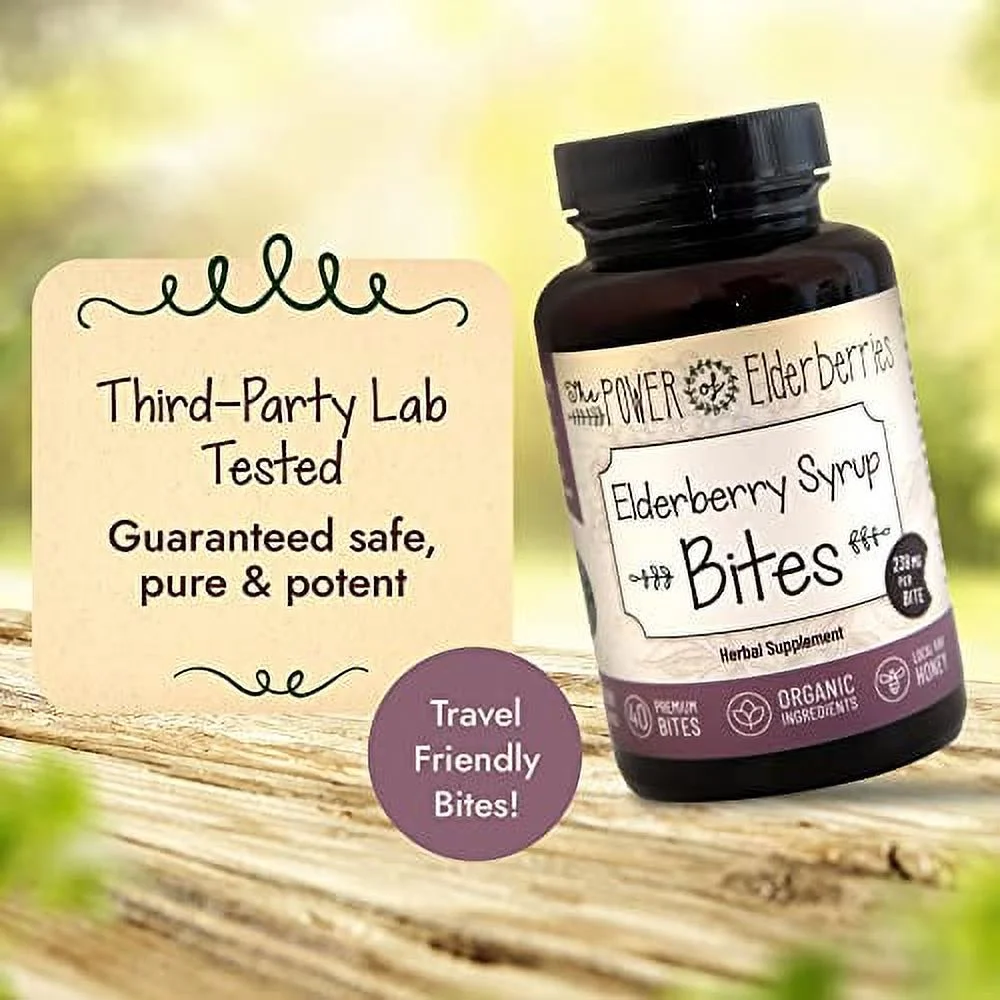 The POWER of Elderberries Elderberry Syrup Bites, Vegetarian-Friendly Elderberry Vitamins with Black Elderberry for Immune Support, Sambucus Elderberry Without Artificial Sweeteners, 40 Count