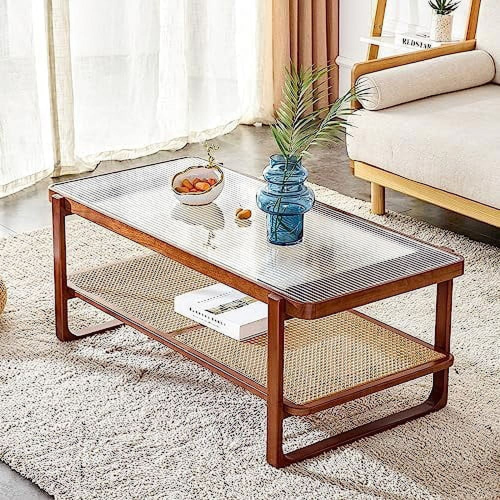NLIBOOMLife Modern Rattan Woven Tea Table with Glass Desktop  Chinese Simple Round Double-Layer   Solid Wood Coffee Table for Dining Living Room Lounge Bedroom  Walnut