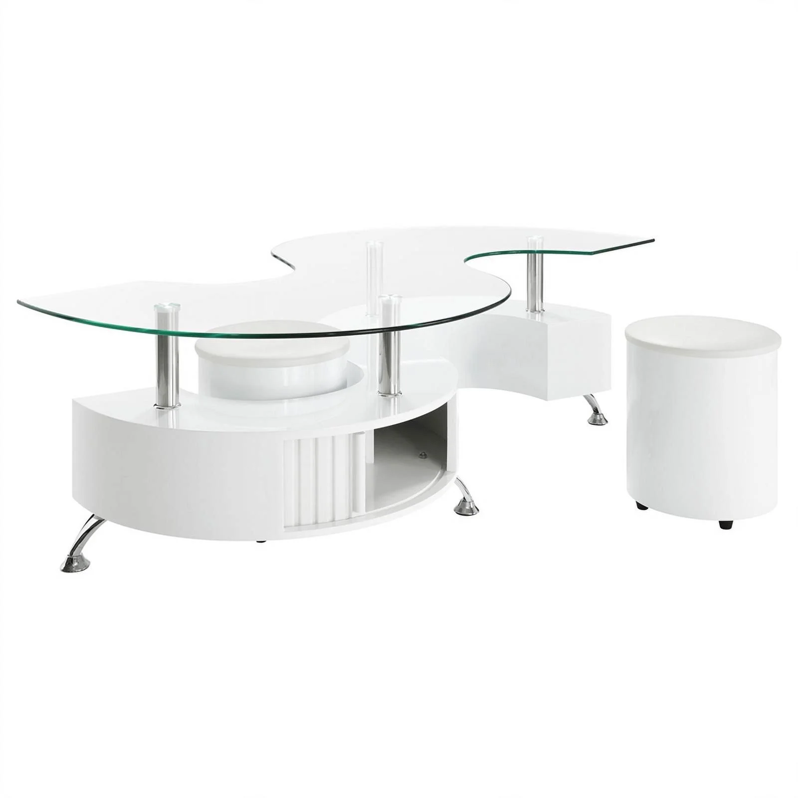 Pemberly Row Wood Curved Glass Top Coffee Table With Stools in White