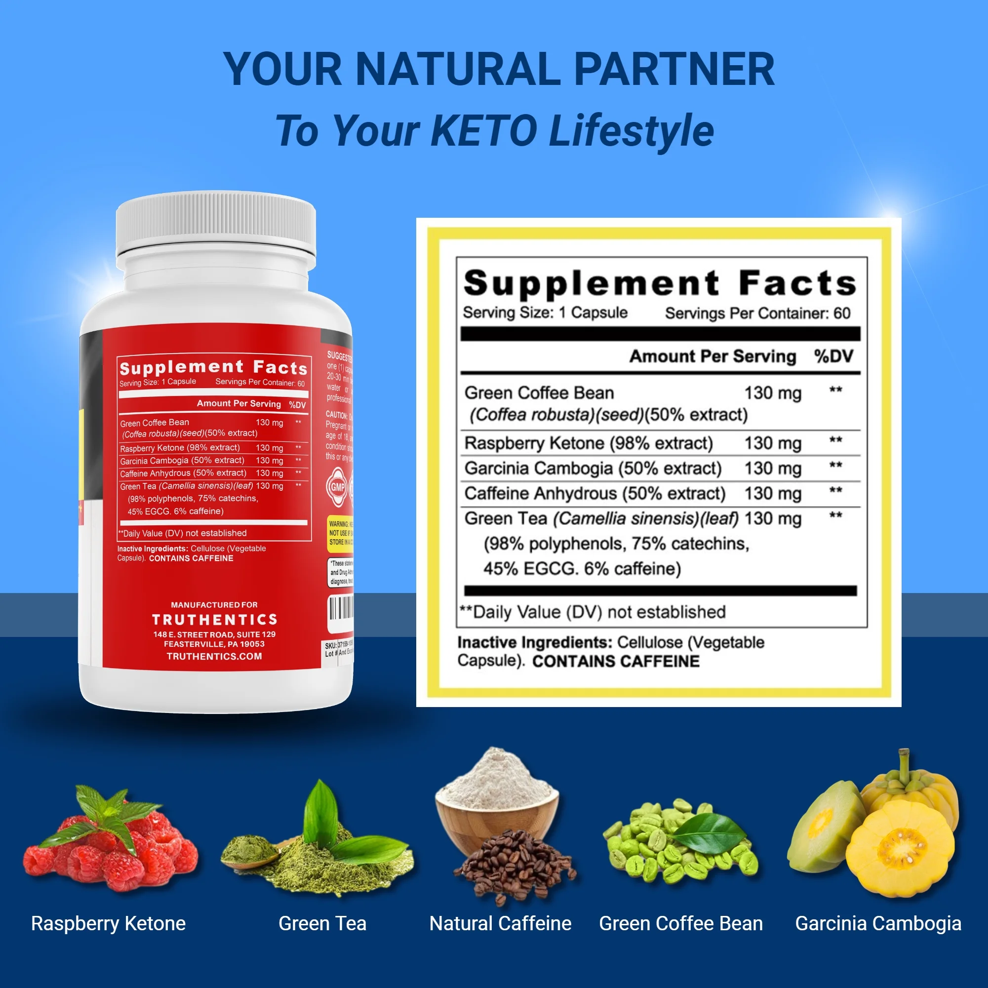 Truthentics KETO 5 - Keto Supplement for Weight Loss with Raspberry Ketone - Support Ketosis, Energy, Focus, Cravings - 2 Pack - 120 Capsules