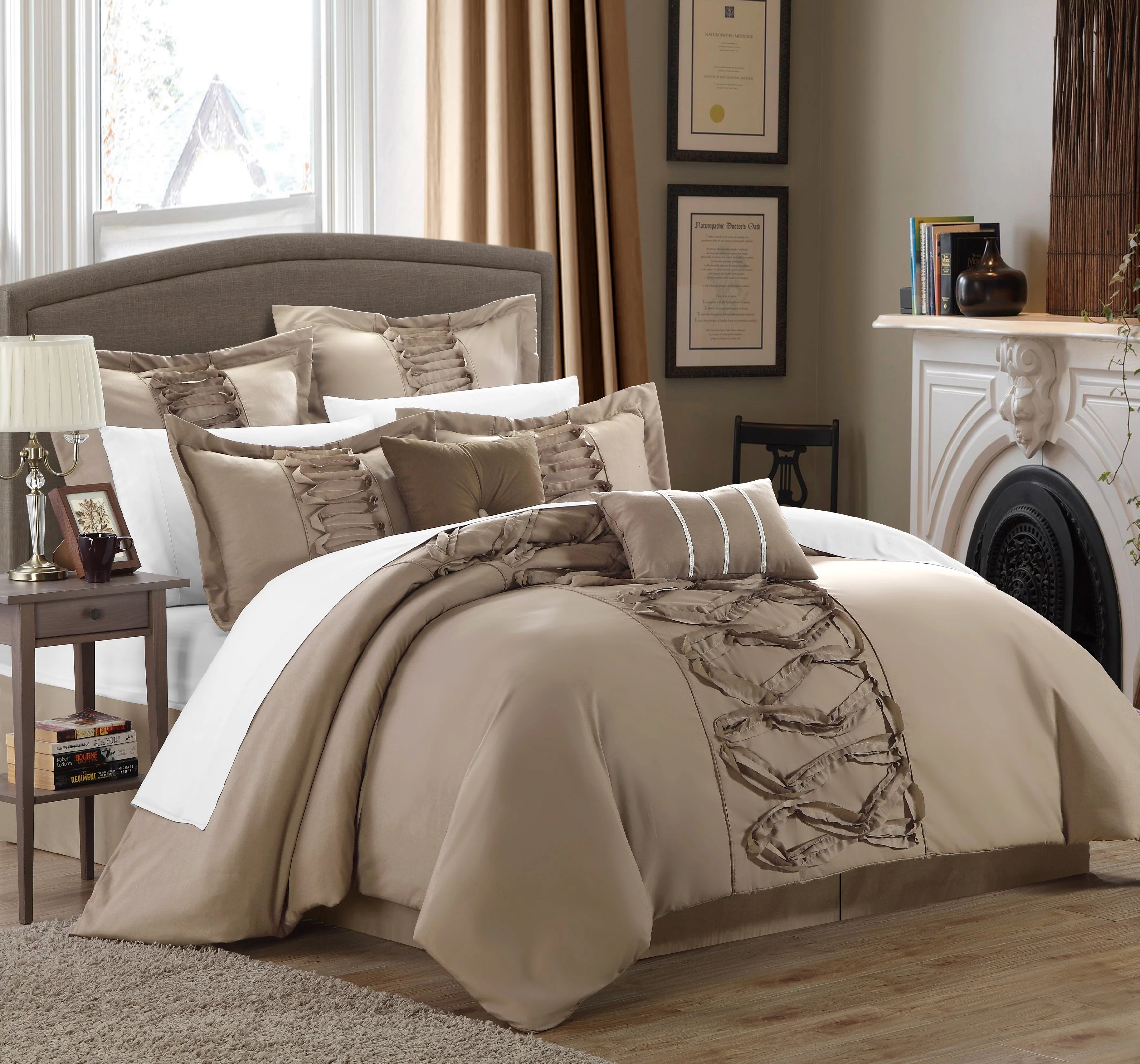 Chic Home Nancy 8-Piece Ruffled Comforter Set, King, Taupe
