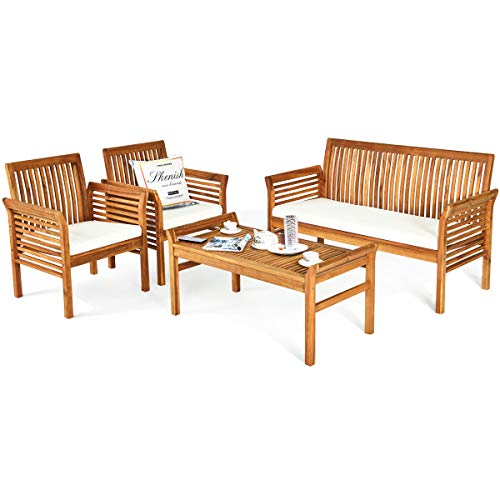 Tangkula 4 Piece Outdoor Acacia Wood Sofa Set with Water Resistant Cushions, Padded Patio Conversation Table Chair Set w/Coffee Table for Garden, Backyard, Poolside (1)