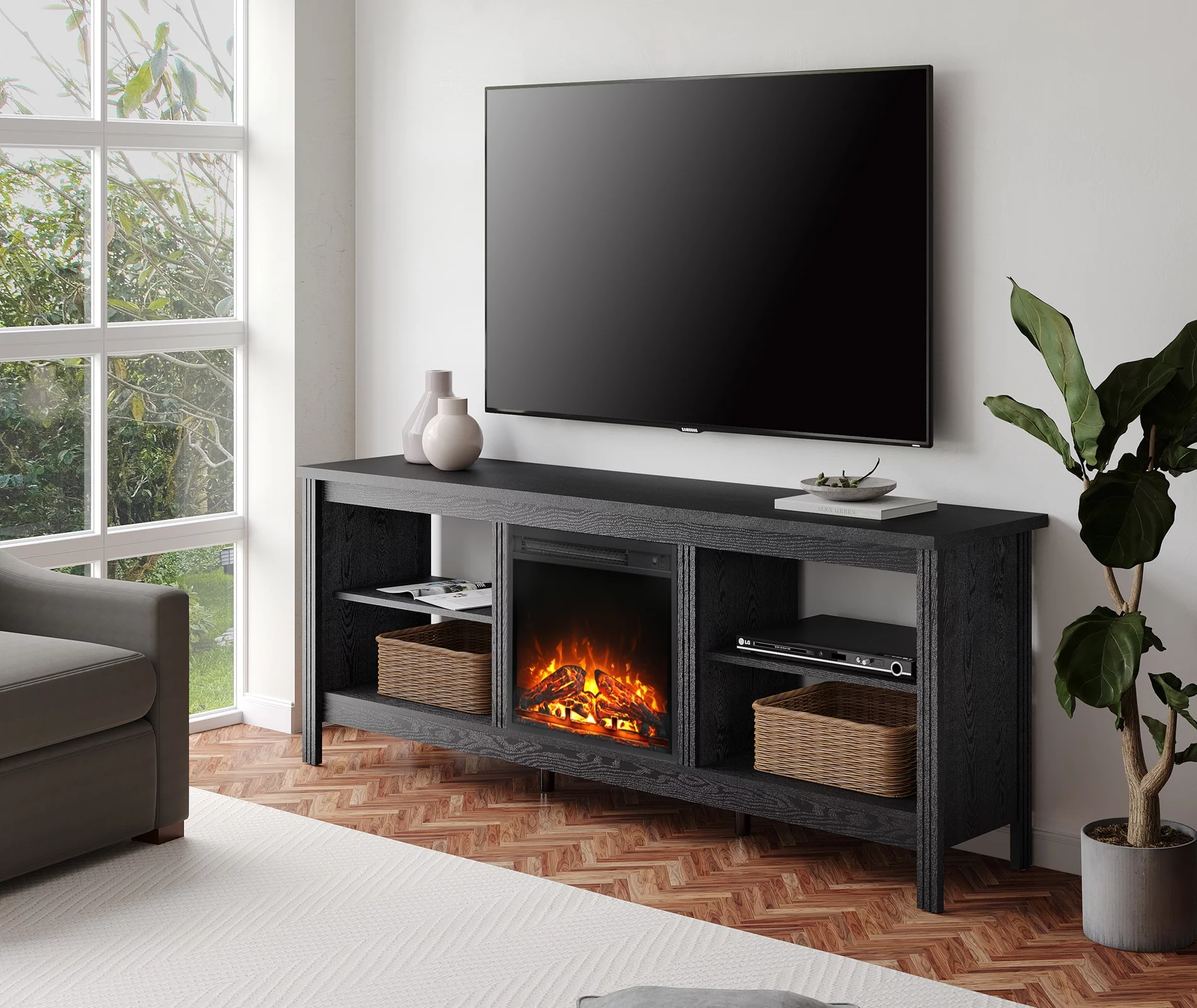 Fireplace TV Stand for TV's up to 80 Inch, Wood Entertainment Center for 75 inch TV with Electric Fireplace for Living Room Bedroom, 70 inch, Black