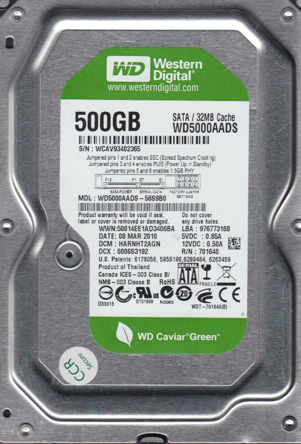 WD5000AADS-56S9B0, DCM HARNHT2AGN, Western Digital 500GB SATA 3.5 Hard Drive