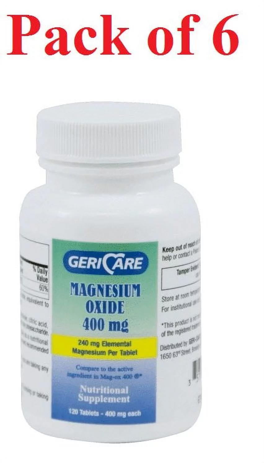 6-Pack Magnesium Oxide Tablets, 400mg, [Compare to Magox] (6 Bottles of 120)