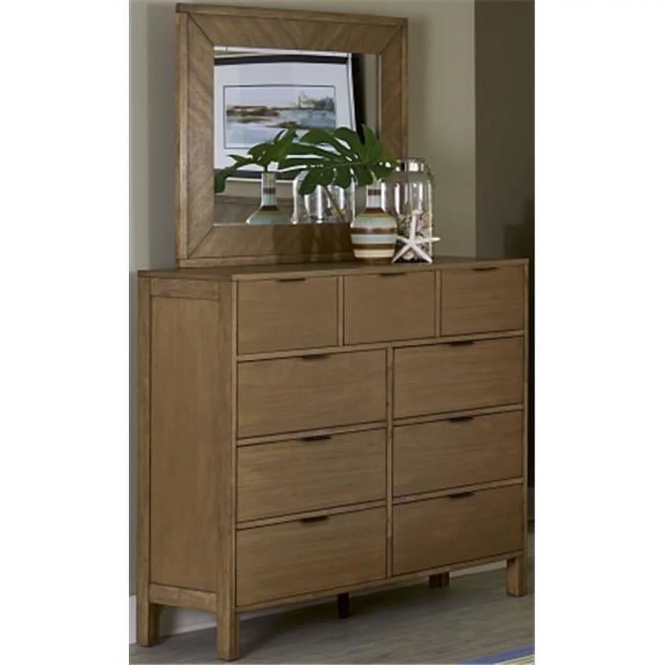 Progressive Furniture Strategy 9 Wood Drawer Dresser and Mirror in Jute Tan