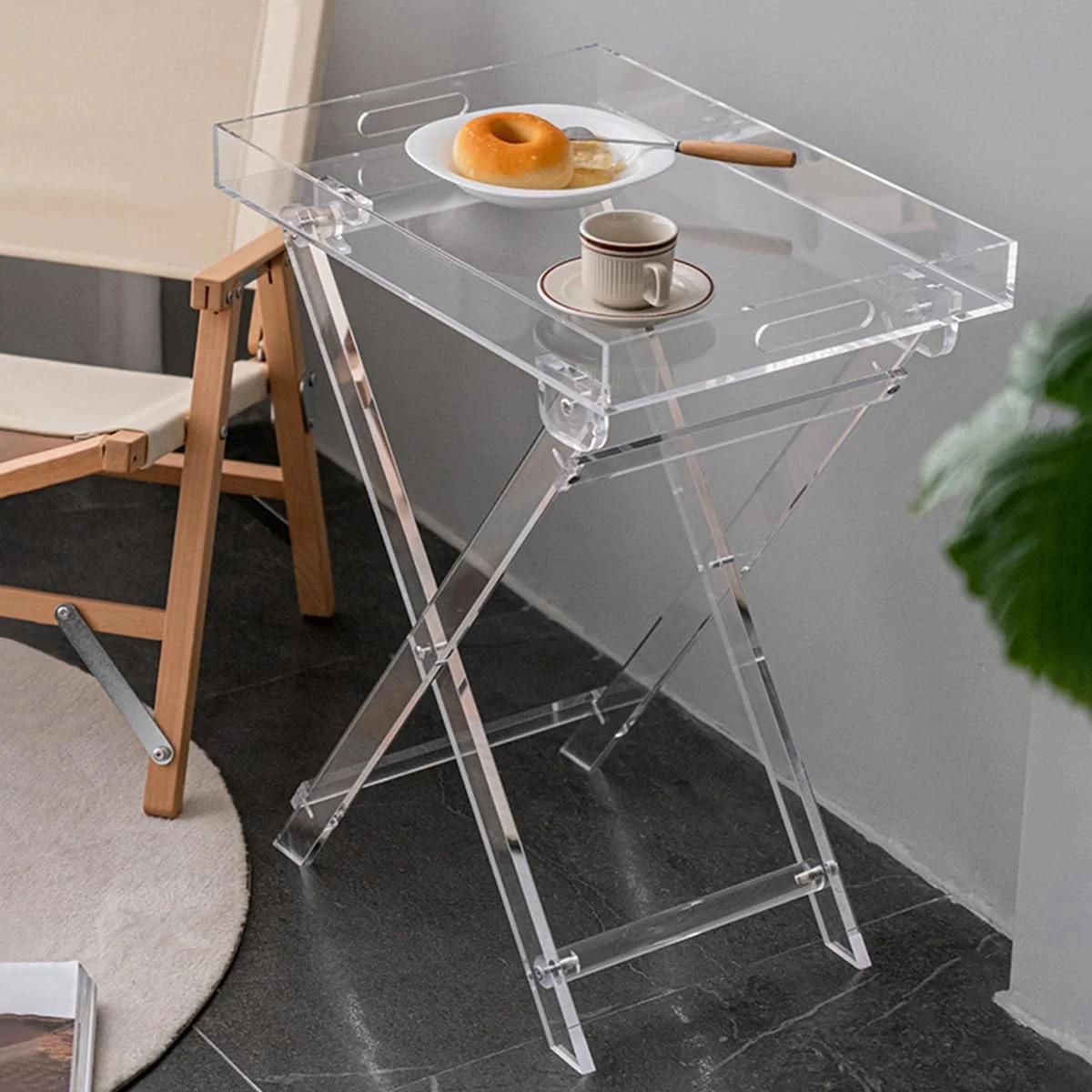 Clear Acrylic S Side Table End Table, S Tray Table TV Table Square Side End Table Portable Serving Table for Small Space Living Room Balcony 19 inch