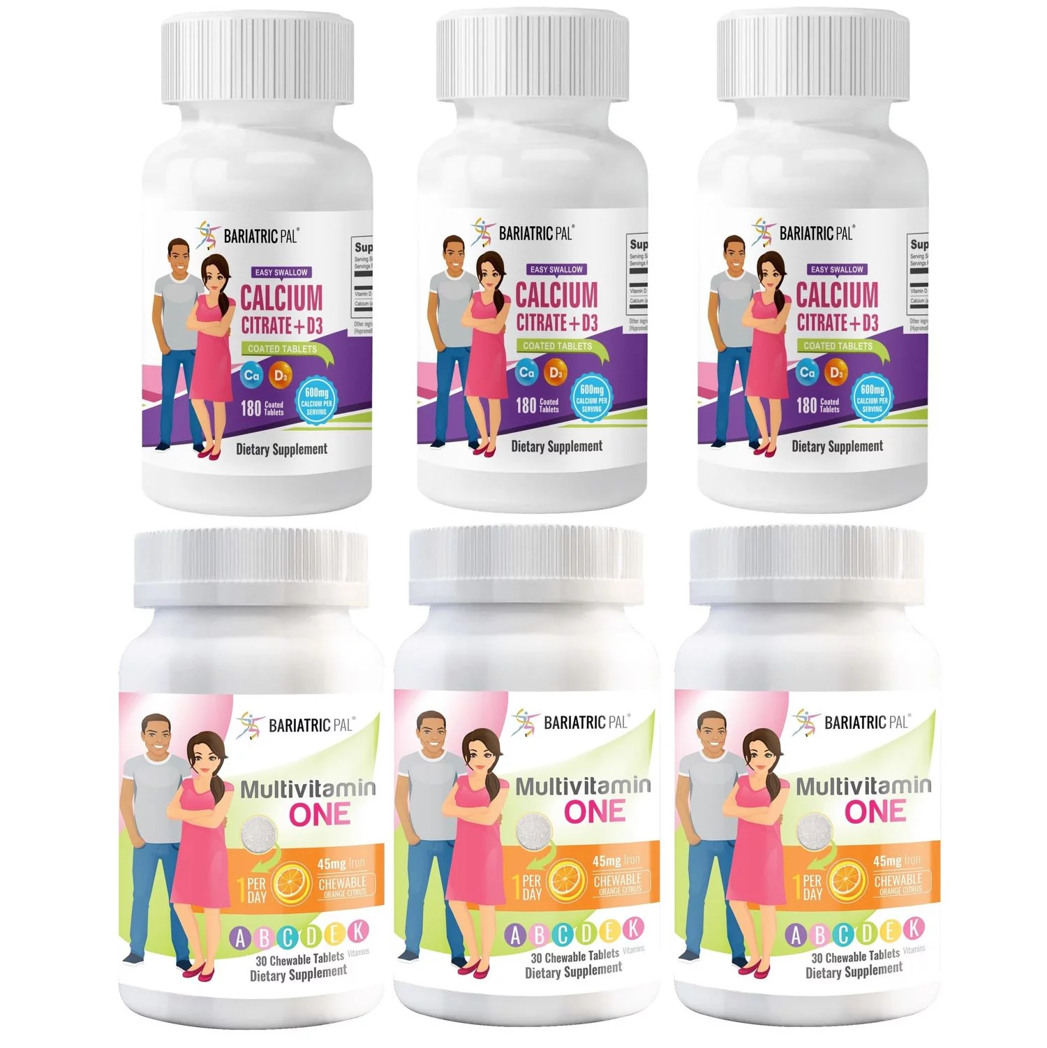 Duodenal Switch Vitamin Pack - Tablets BariatricPal Multivitamin ONE & BariatricPal Easy Swallow Calcium Citrate and D3 Coated Tablets: Orange Citrus Chewable with 45mg Iron, Size: 90-Day Supply
