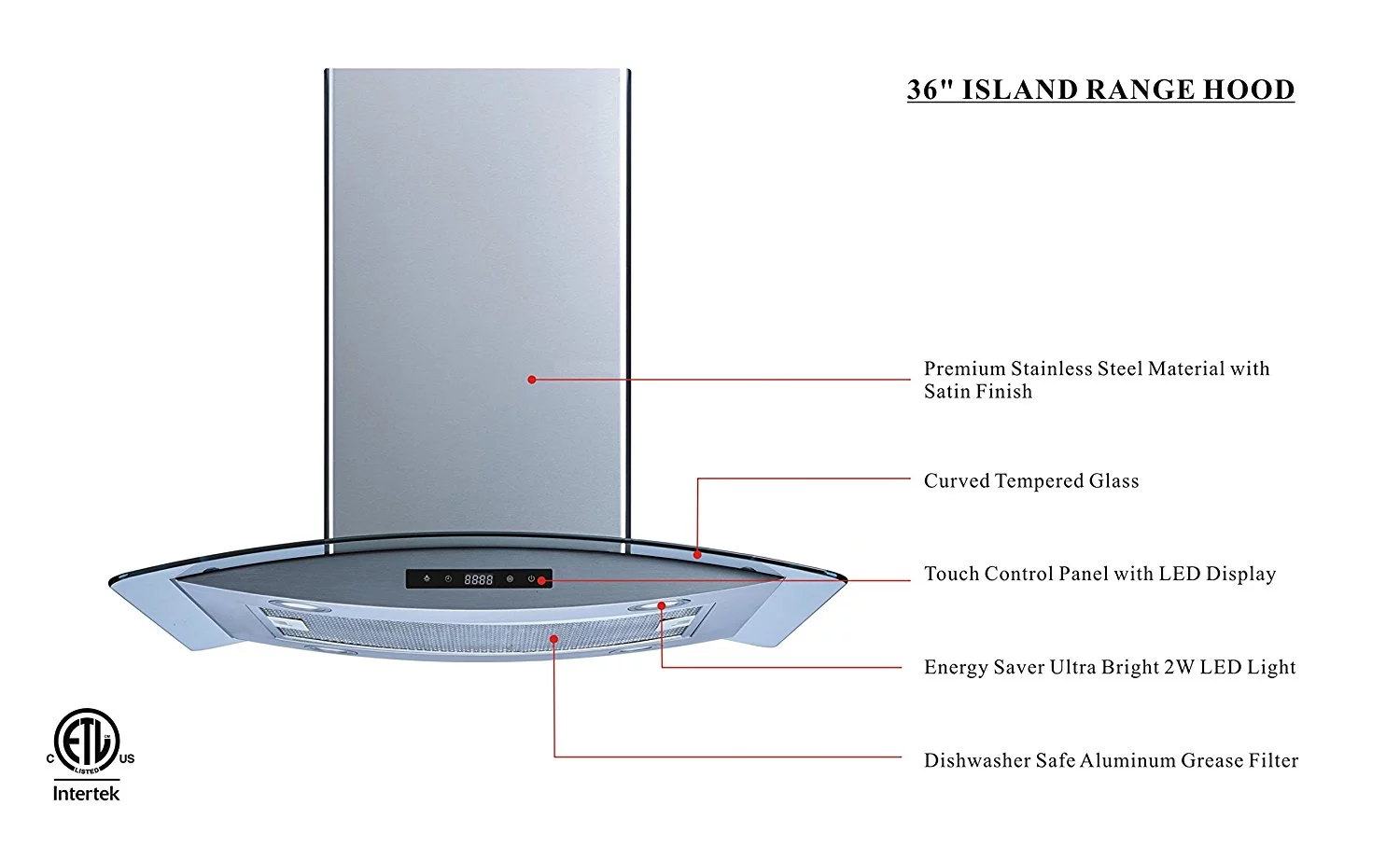 Winflo  36-inch 475 CFM Stainless Steel/Tempered Glass Convertible Island Range Hood