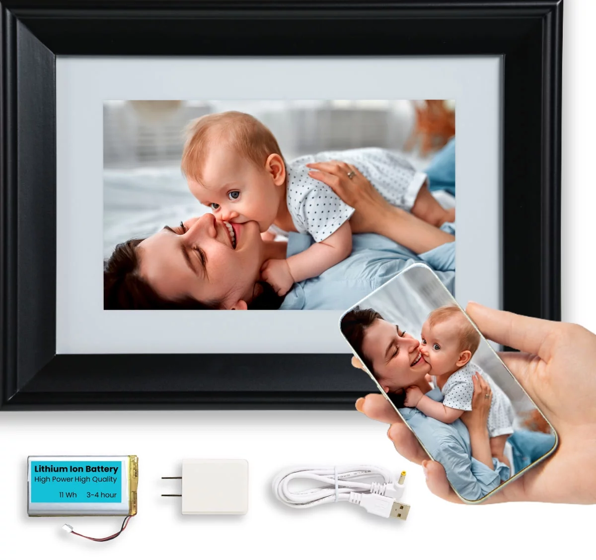 PhotoSpring 10in WiFi Digital Photo Frame w/Battery | Load Family Pictures by Email, App, Web, USB/SD | 32GB | Great Gift | Easy Touchscreen Setup | Plays Videos | Black
