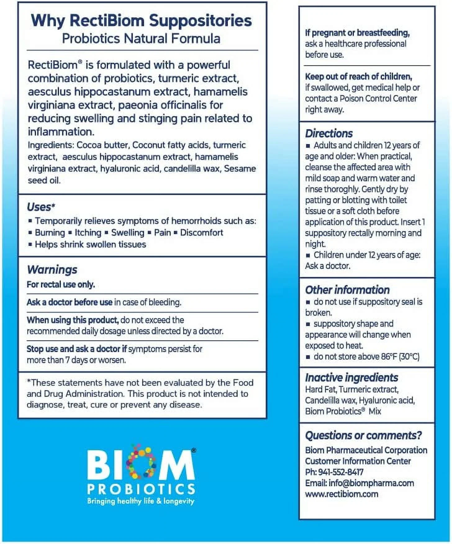Biom Probiotics RectiBiom Probiotic Hemorrhoid Relief Suppositories, Natural Hyaluronic Acid Suppositories with Turmeric Extract, 15 Count