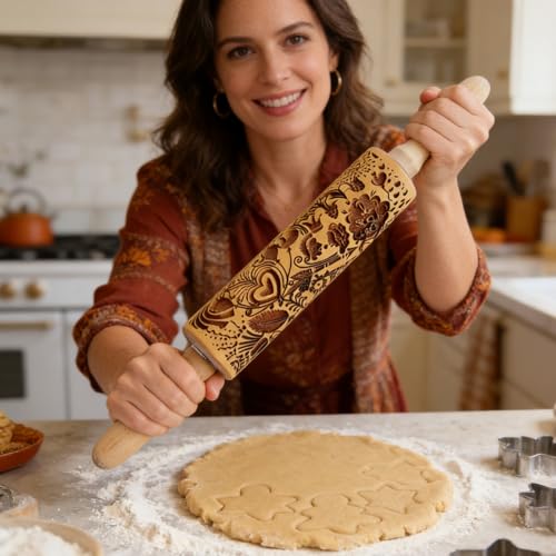 Embossed Rolling Pin 2 Pack, Wooden Non Stick Rolling Pin for Baking with Pattern Designs, French Pastry Dough Roller for Cookies, Pie Crust, Fondant, Kitchen Baking Tools Supplies Set (2 Piece)
