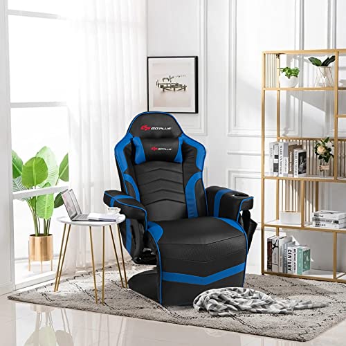 Gaming Recliner Adjustable Massage Gaming Chair with Cup Holder Footrest Ergonomic Single Sofa Living Room Home Theater Seating with Side Pouch, Blue