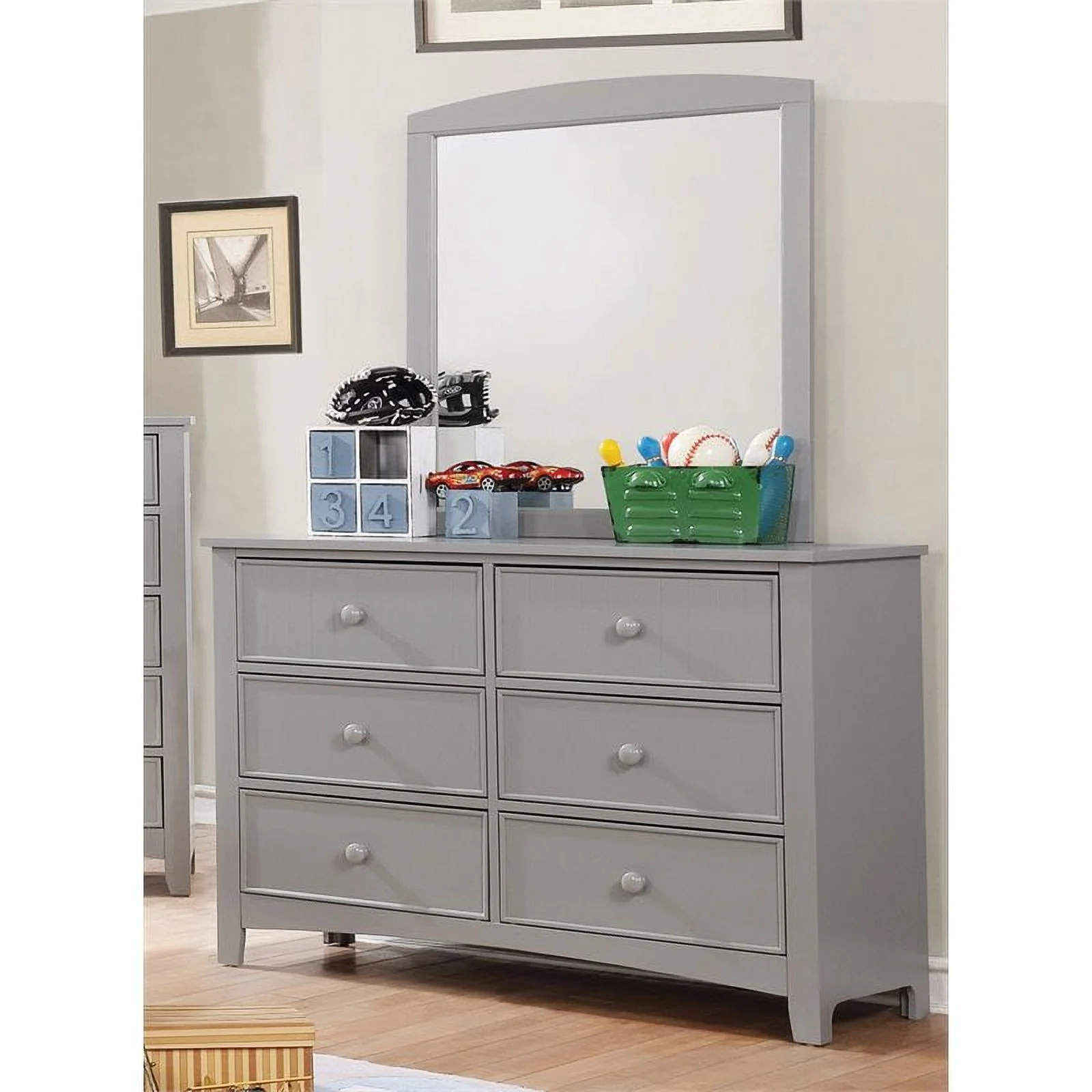 Bowery Hill Transitional Solid Wood Dresser and Mirror in Gray
