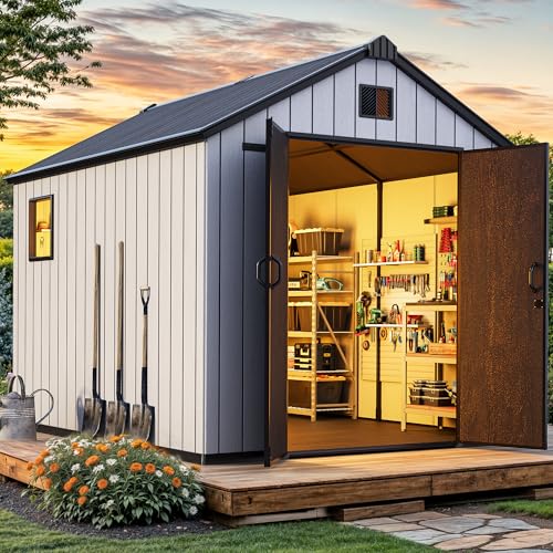 YITAHOME 8x10 FT Outdoor Storage Shed with Lockable Door, Large 544 Cuft Resin Shed with Floor Roof Windows Vents, All-Weather Plastic Storage Shed Tool Organizer for Backyard Garden Patio Lawn, Gray