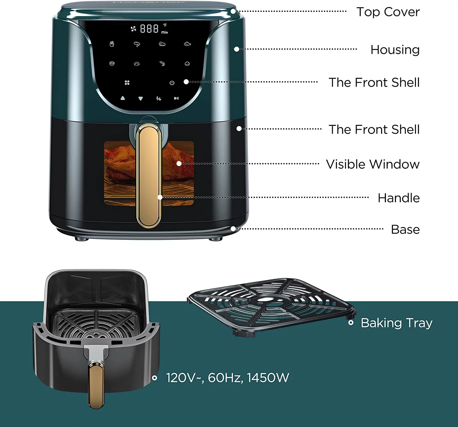 HAUSHOF 5.8QT Air Fryer Small Oven, Digital Oil-Less Cooker 1450W Airfryer, 8 Presets Cooking Functions, Time & Temperature Control, with Nonstick Tray, Green