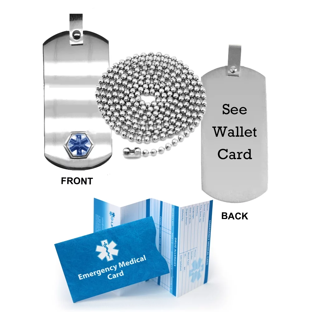 see wallet card medical alert id dog tag pendant in anodized titanium