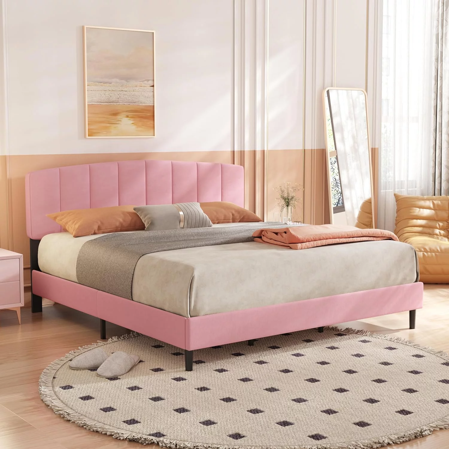 alazyhome King Size Upholstered Platform Bed Frame with Velevt Headboard, Pink