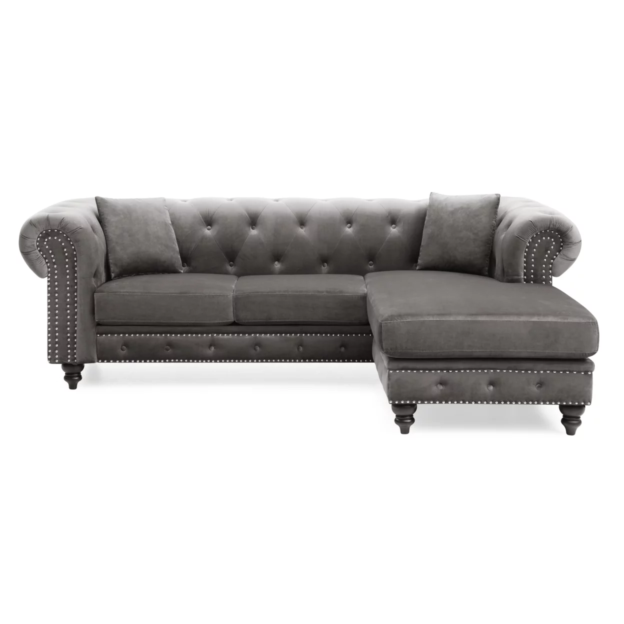 Passion Furniture Nola 98 in. Dark Gray Velvet L-Shape 3-Seater Sofa with 2-Throw Pillow