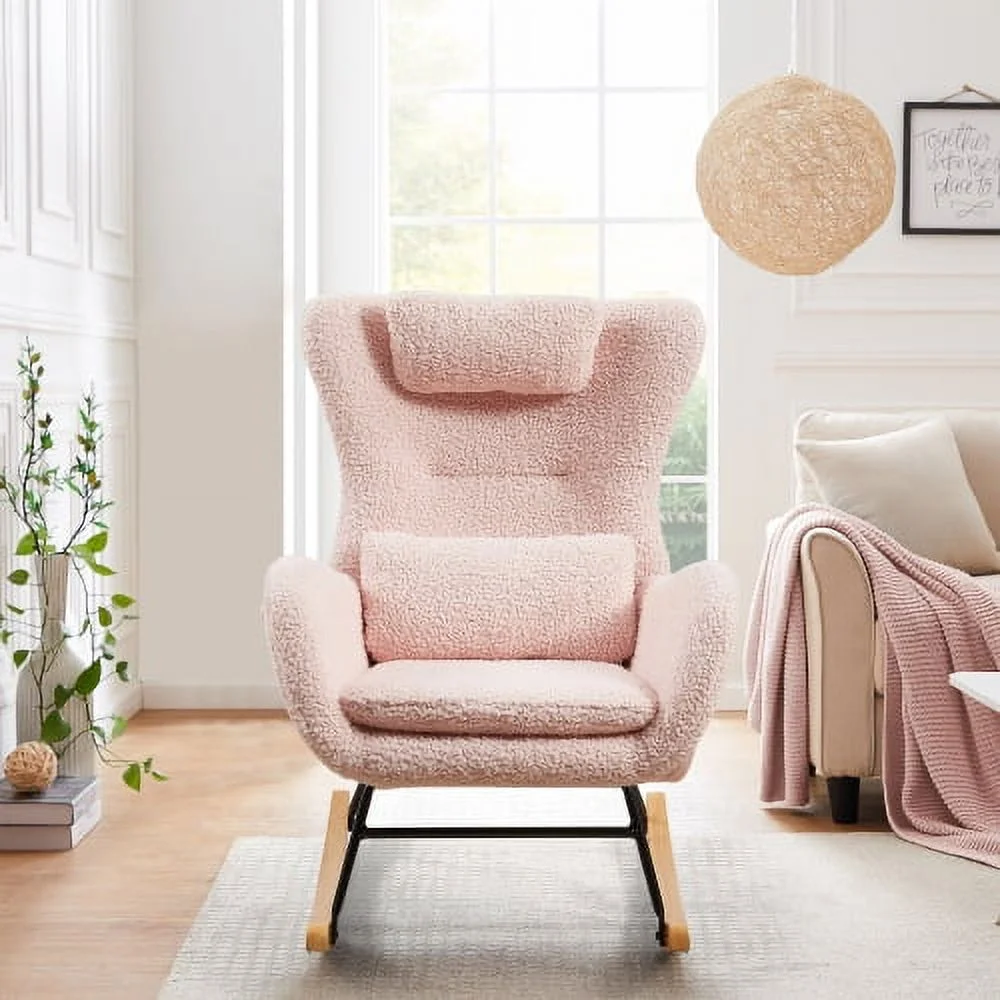 Rocking Chair Nursery, Modern Rocking Chair with High Backrest - Pink