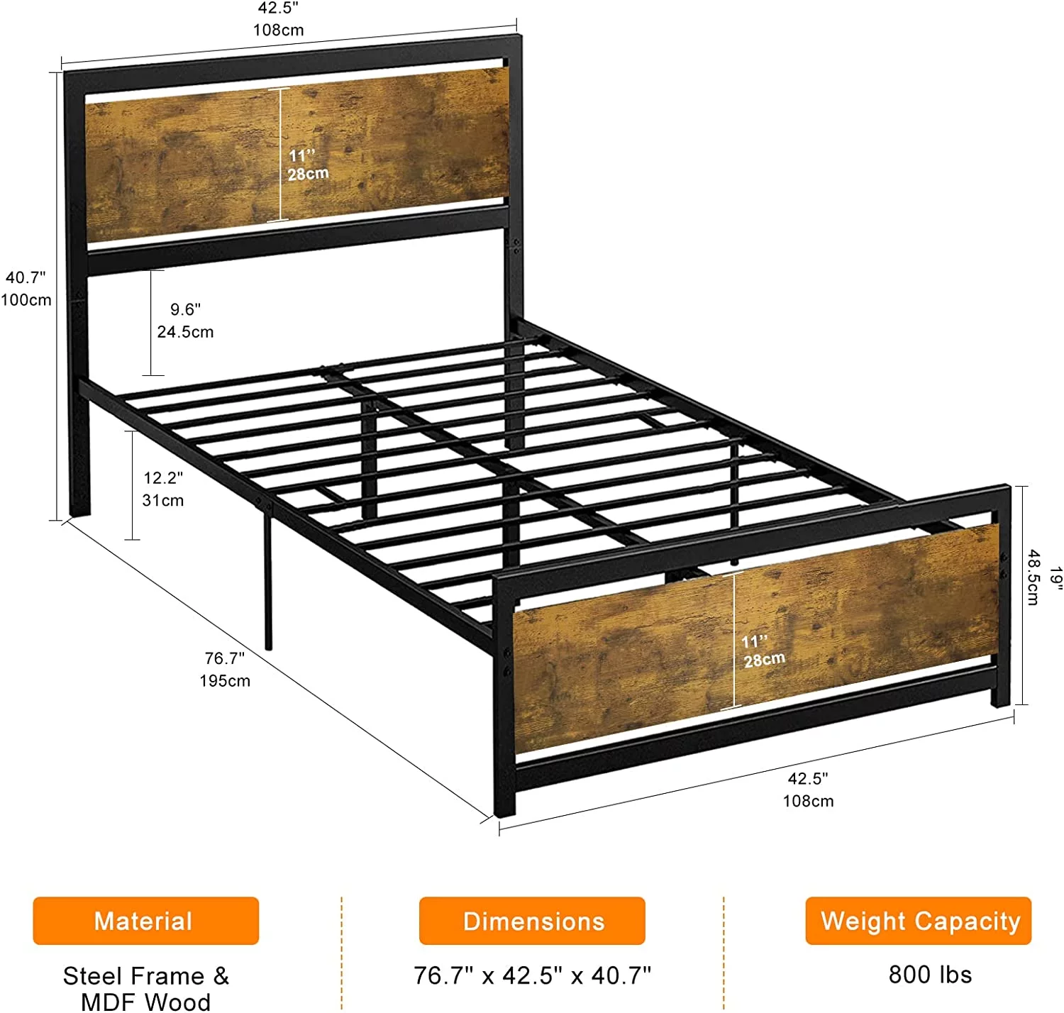 Codesfir King Size Bed Frame  Platform Metal Bed Frame King with Industrial Wood Headboard and 12 Strong Support Metal Legs  Easy Assembly  Noise-Free  No Box Spring Needed