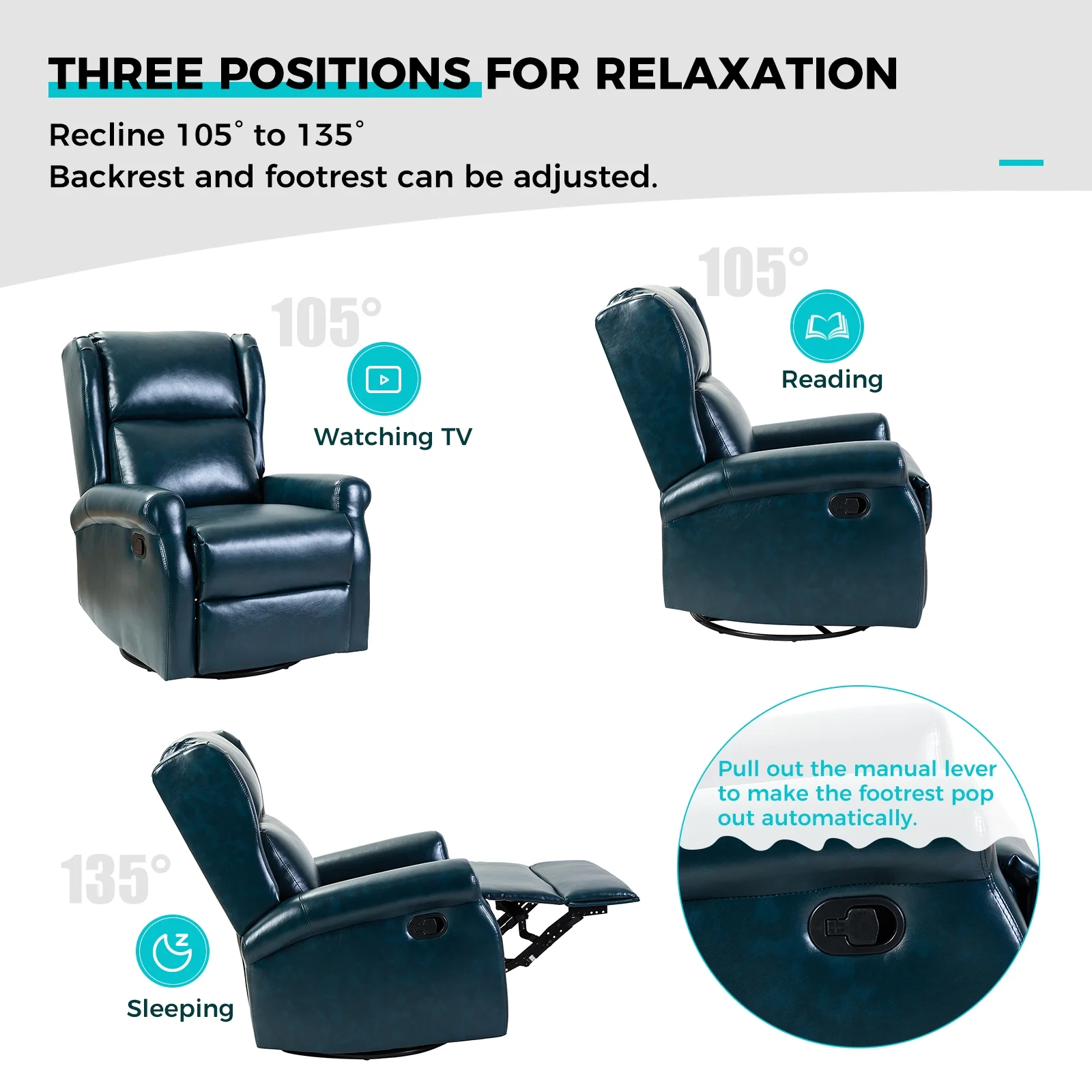 Faux Leather Recliner Manual Swivel Nursery Armchair Metal Base Wingback Home Living Room Turquoise