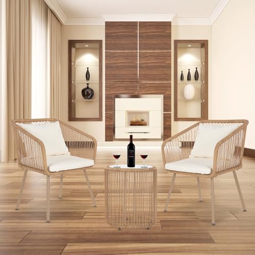 FDW 3-Piece Outdoor Furniture Modern Patio Bistro Set Rattan Conversation Set Wicker Patio Furniture Set with 2 Chairs Coffee Table Cushions Lumbar Pillows for Patio Outdoor Backyard Porch, White
