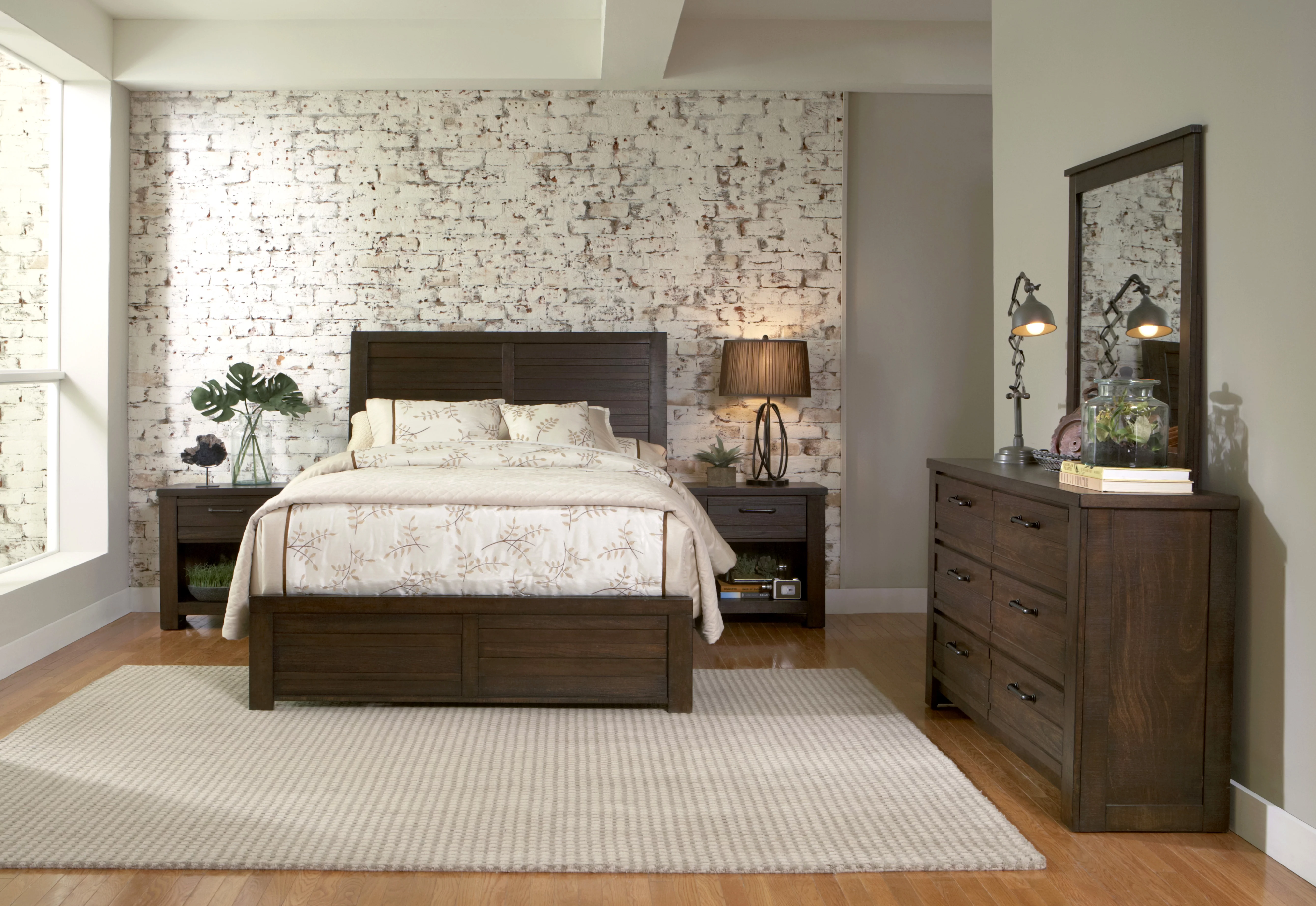 Sedona Transitional Wood Bedroom Set, Panel Queen Bed with Dresser, Mirror, Two Nightstands, Chest in Espresso