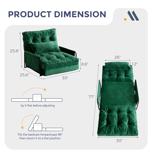 MAXYOYO Adjustable Floor Sofa Couch, 5-Position Convertible Lazy Sofa Sleeper Bed with 2 Pillows, Velvet Multi-Functional Bean Bag Bed, Versatile Floor Seating Couch for Reading Gaming, Green, Double