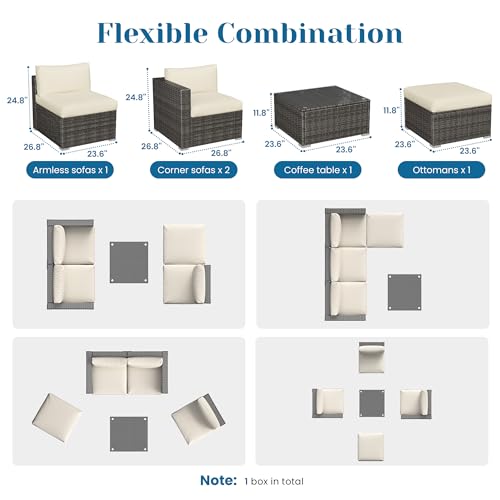 7 Pieces Outdoor Patio Furniture Sets with Glass Tea Table, PE Rattan Wicker Patio Conversation Set with Washable Cushions, Outdoor Patio Sectional Sofa Couch, Grey