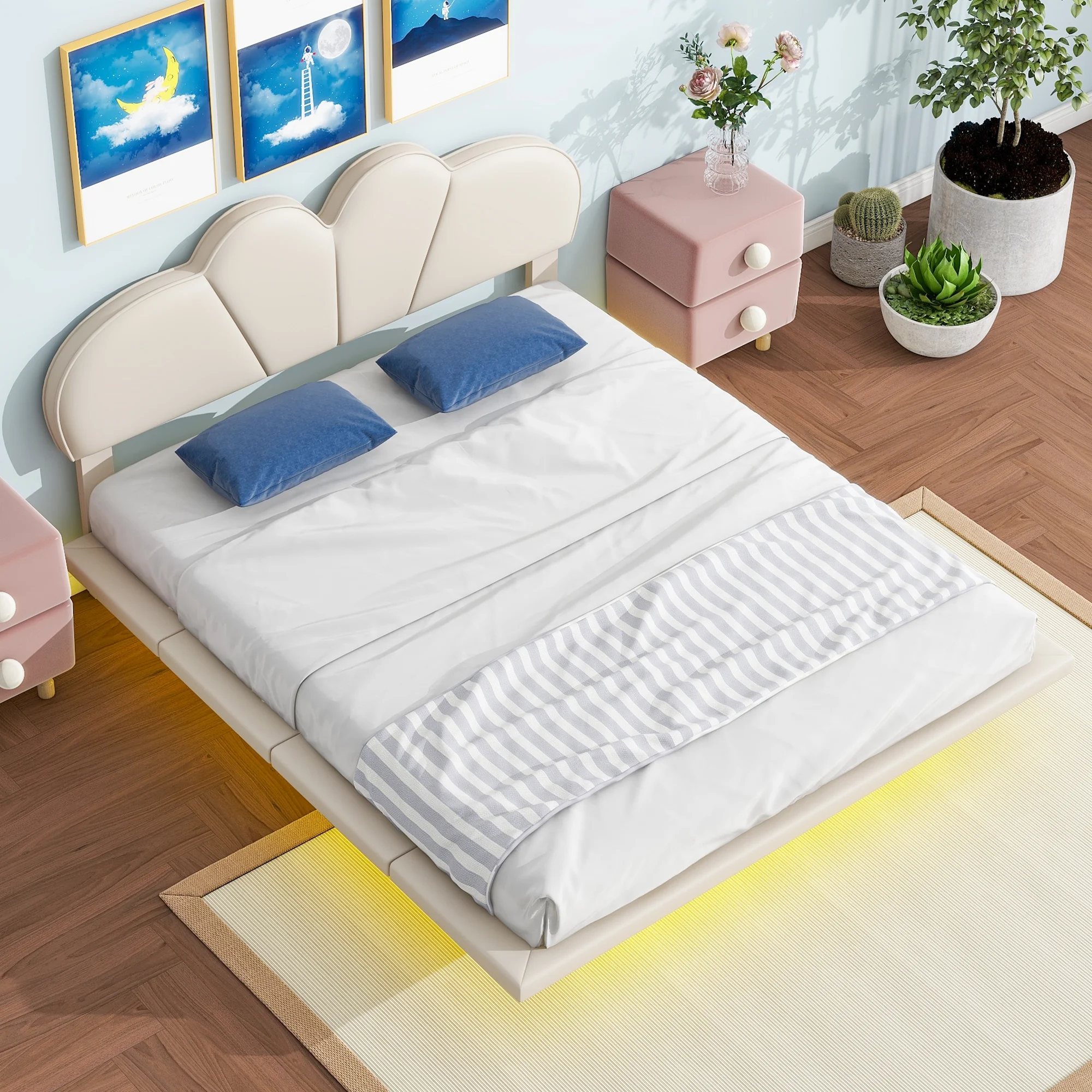 Euroco Full Size Upholstery Floating Bed with LED Lights, PU Leather Headboard Platform Bed for Kids Teens Adults, Beige