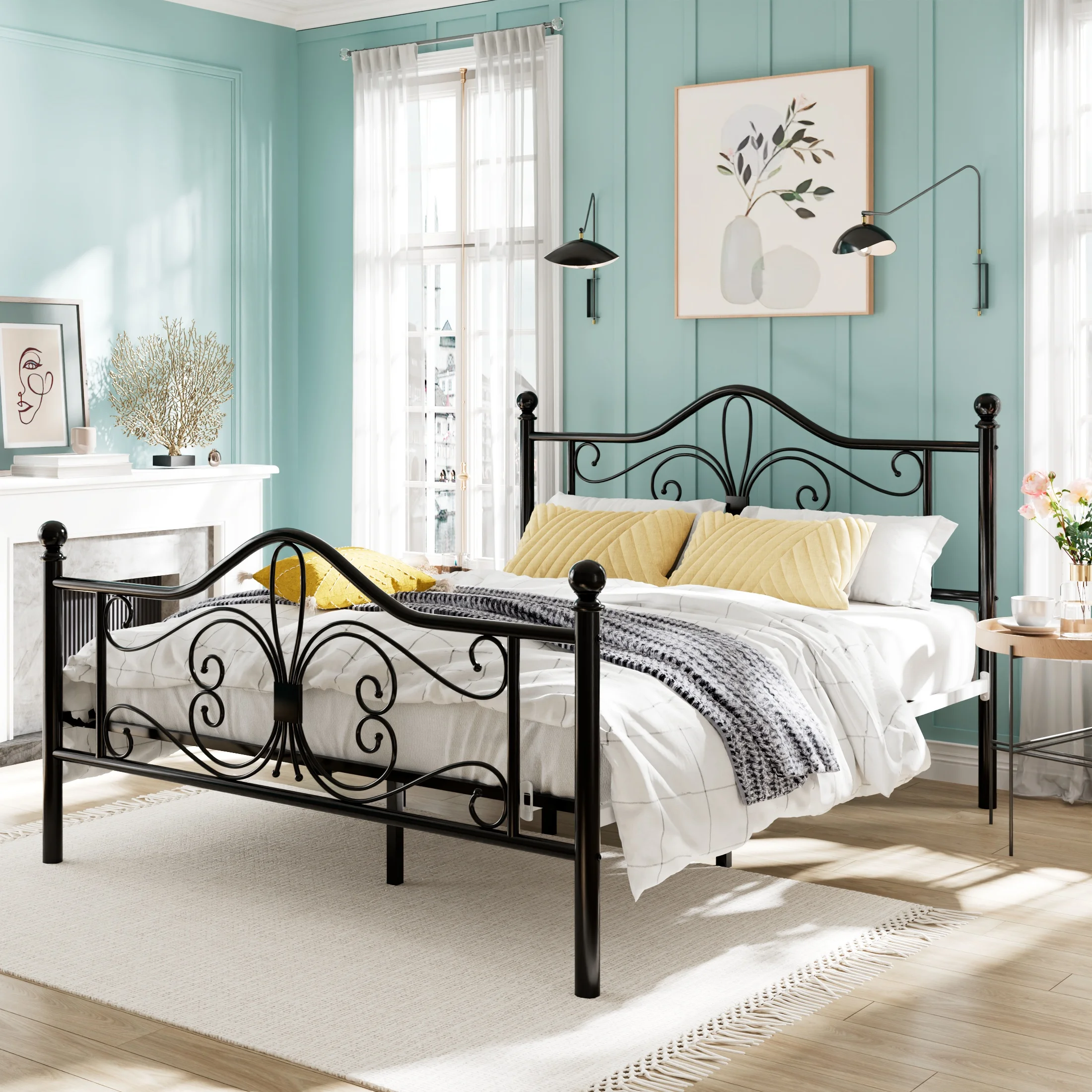 Amolife Queen Size Metal Platform Bed Frame With Vintage Butterfly Pattern Headboard&Footboard, Black