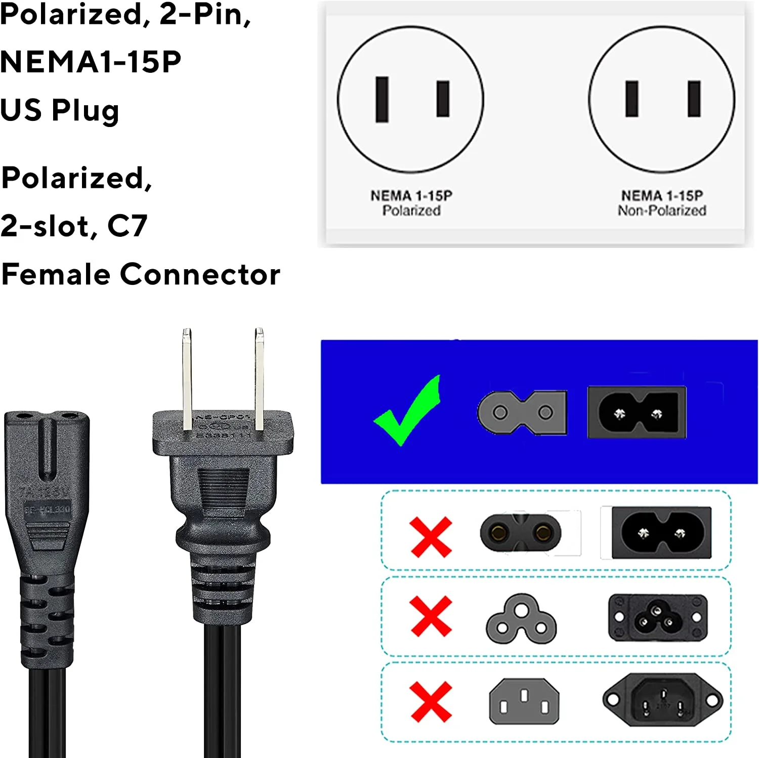 ® 6FT 2 Prong Power Cord - [UL] Polarized Power Cord NEMA1-15P to IEC-C7 - Replacement Figure 8 AC Power Cable
