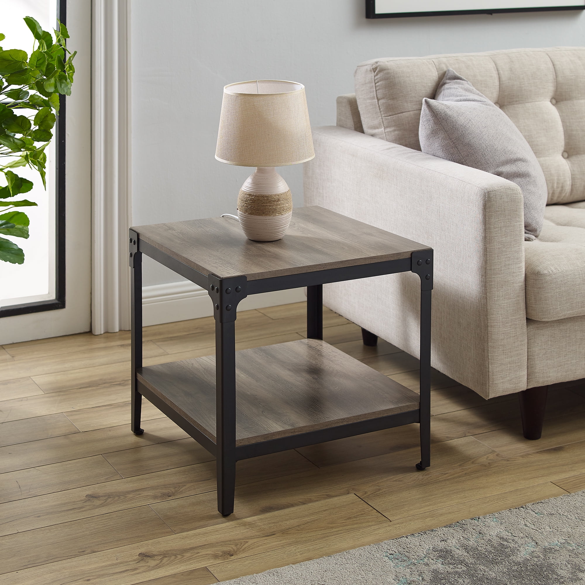 Walker Edison Wilson Riveted End Tables, Grey Wash, Set of 2