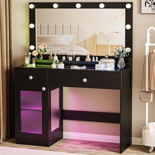 Vanity Desk with Large Mirror and Lights, 39.4'' Glass Top Makeup Vanity with RGB Cabinet Drawers Power Outlet 3 Color Light Modes Brightness Adjustable Vanity Dressing Table for Bedroom White