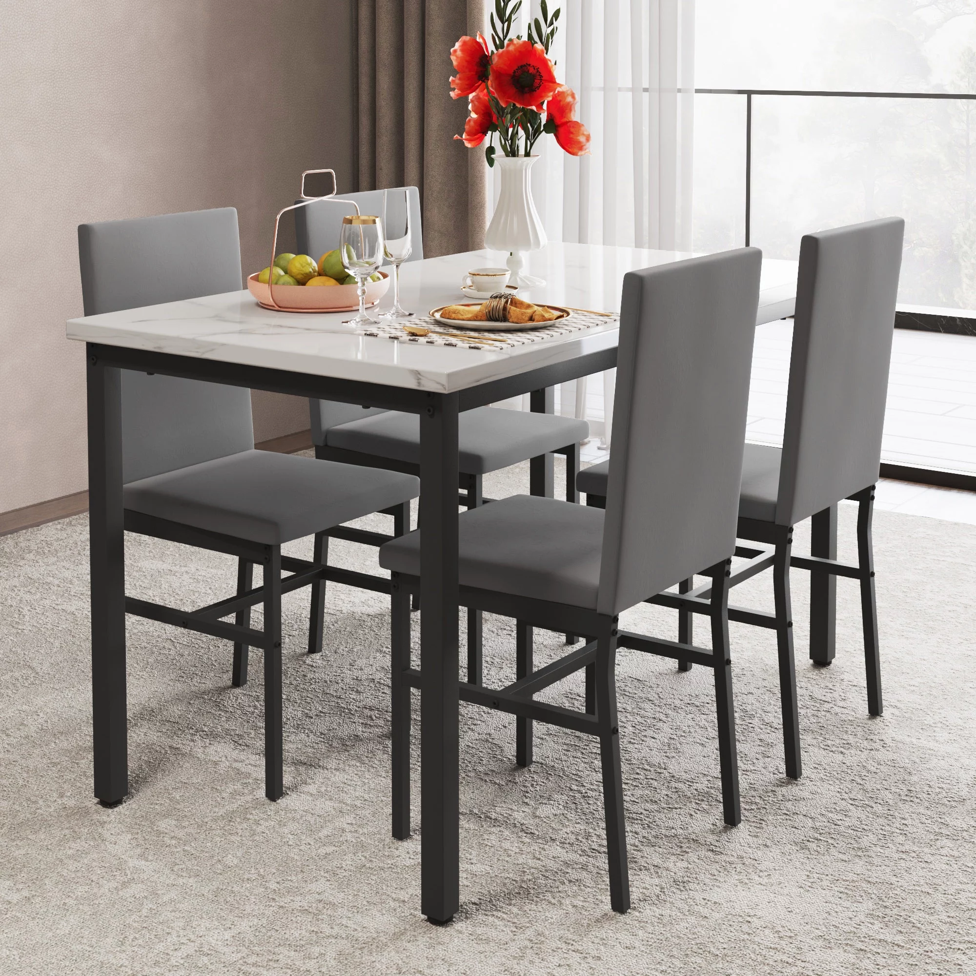 Modern Dining Set for 4, 5-Piece Dining Table and Chairs Set, 1 Table with White Marble Top, 4 Gray Velvet Chairs for Kitchen Dining Room Living Room