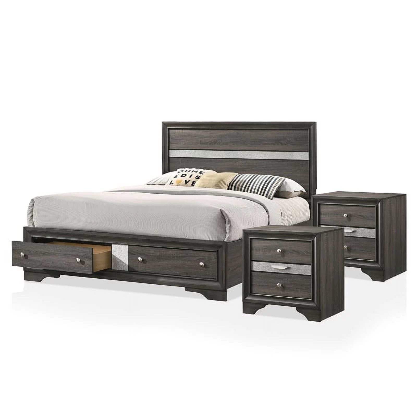 FOA Laren Contemporary 3-Piece Gray Wood Bedroom Set - King + 2 Nightstands