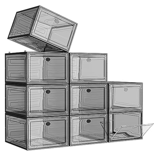 Thicken & Sturdy Clear Shoe Storage Organizer with Magnetic Door, Stackable Boxes for Closet, Foldable Space-Saving Shoe Rack for Sneaker Boot Container, Plastic Shoe Cabinet Shoe Box 6 Pack, White