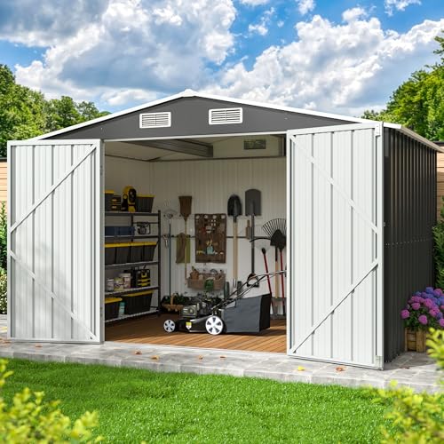 10x8 FT Outdoor Storage Shed, Metal Garden Tool Shed with Updated Frame Structure and Lockable Doors, Ideal for Backyard Garden Patio Lawn, Grey