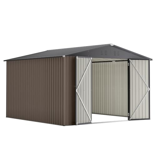 10x10 FT Ourdoor Storage Shed - All Weather Metal Storage Shed with Lockable Doors, Air Vents & Sloped Roof, Waterproof Heavy-Duty Utility and Tool Shed for Garden, Backyard, Patio, Brown